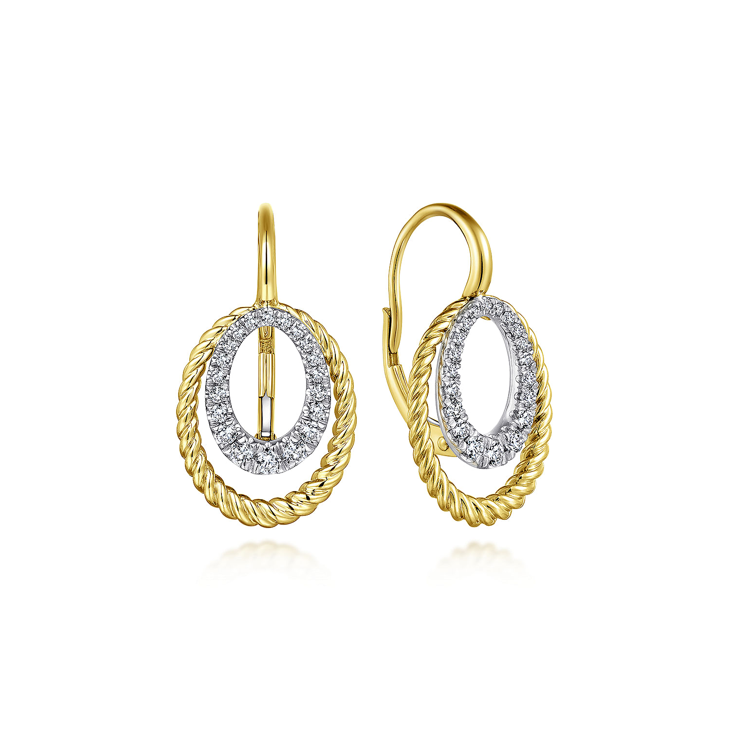 14K Yellow/White Gold Twisted Rope Oval Diamond Drop Earrings