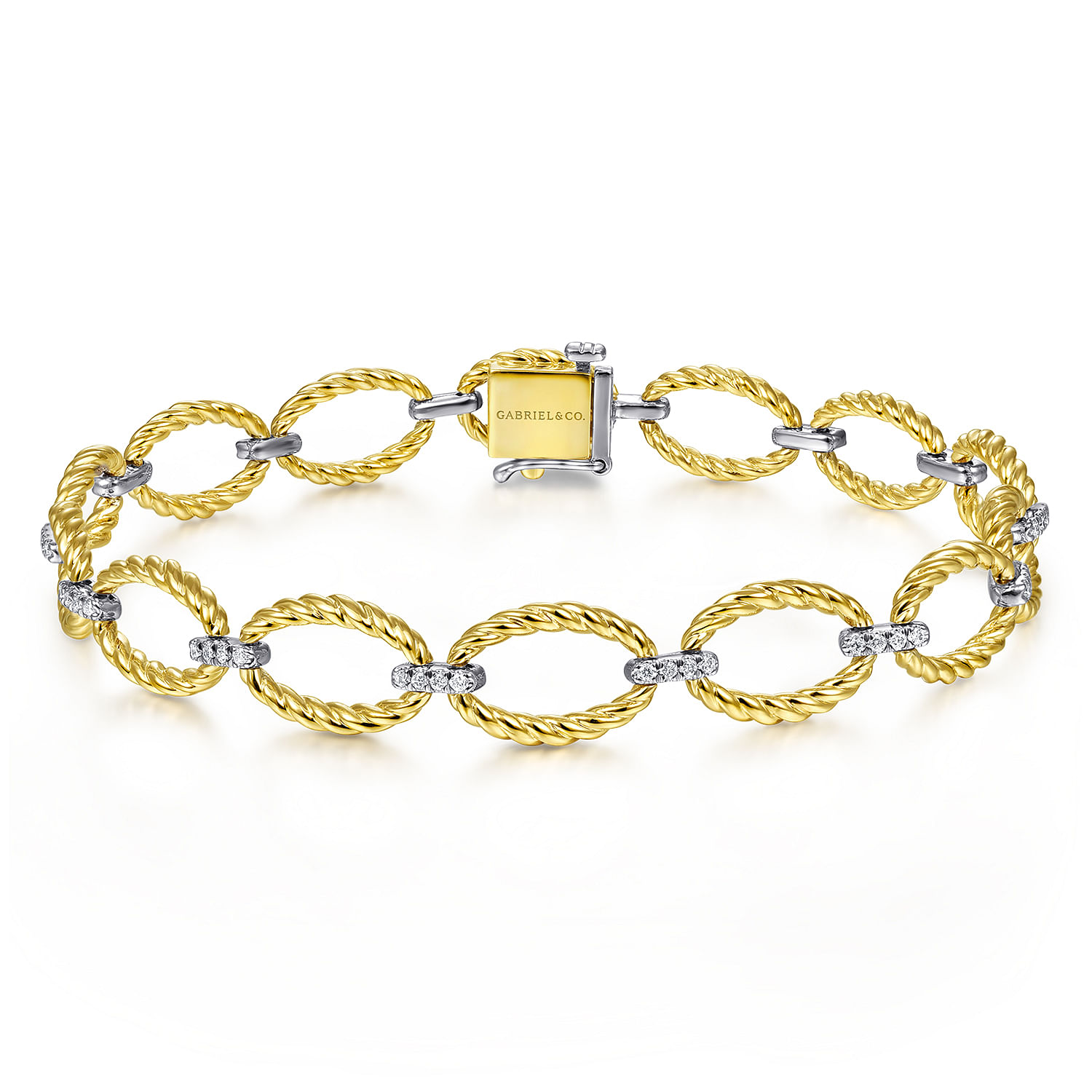 Gabriel - 14K Yellow-White Gold Twisted Rope Oval Link Bracelet with Diamond Connectors
