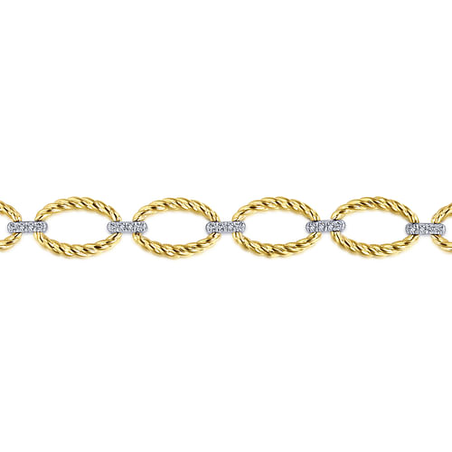 14K Yellow-White Gold Twisted Rope Oval Link Bracelet with Diamond Connectors