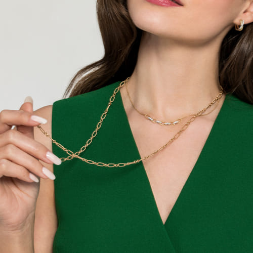 14K Yellow-White Gold Twisted Rope Oval Link Necklace with Diamond Connectors