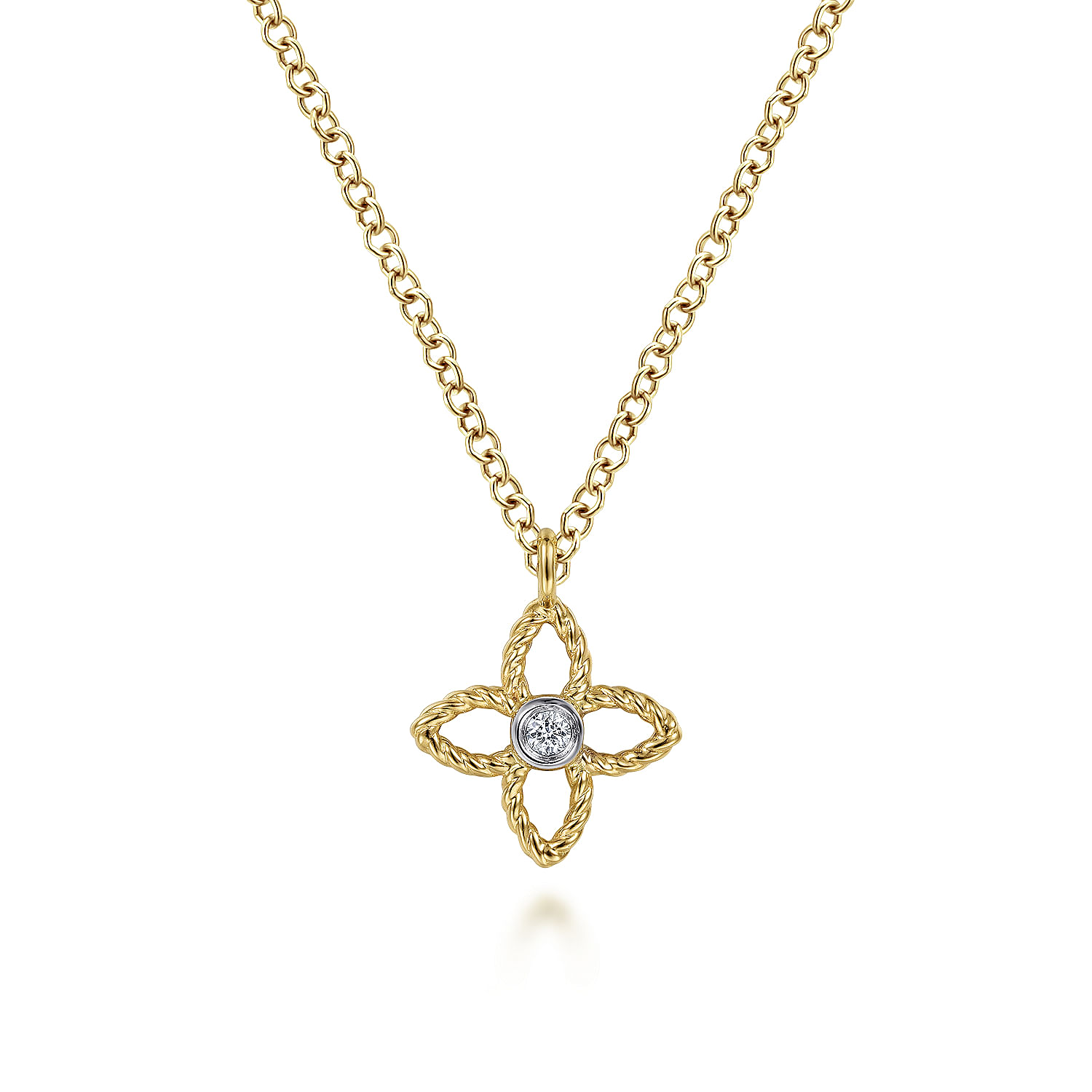 Gabriel - 14K Yellow-White Gold Twisted Rope Quatrefoil Pendant Necklace with Diamond Center