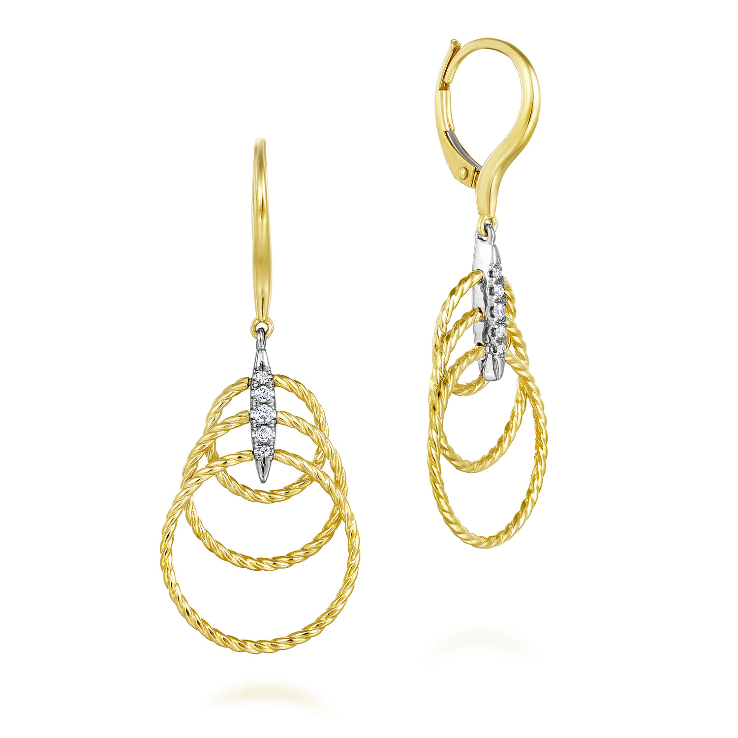 Gabriel - 14K Yellow/White Gold Twisted Rope Triple Loop Diamond Drop Earrings