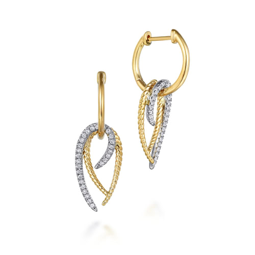 14K Yellow-White Gold Twisted Rope and Diamond Hook Huggies