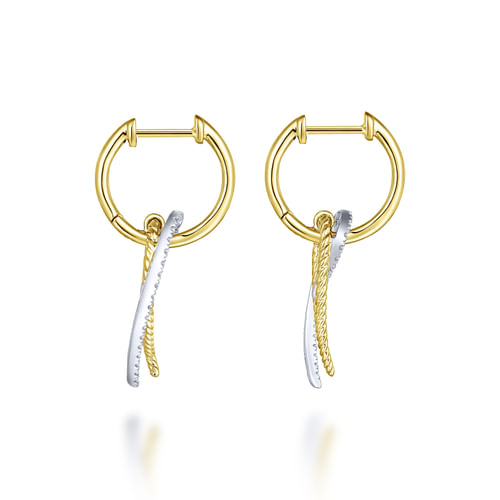 14K Yellow-White Gold Twisted Rope and Diamond Hook Huggies