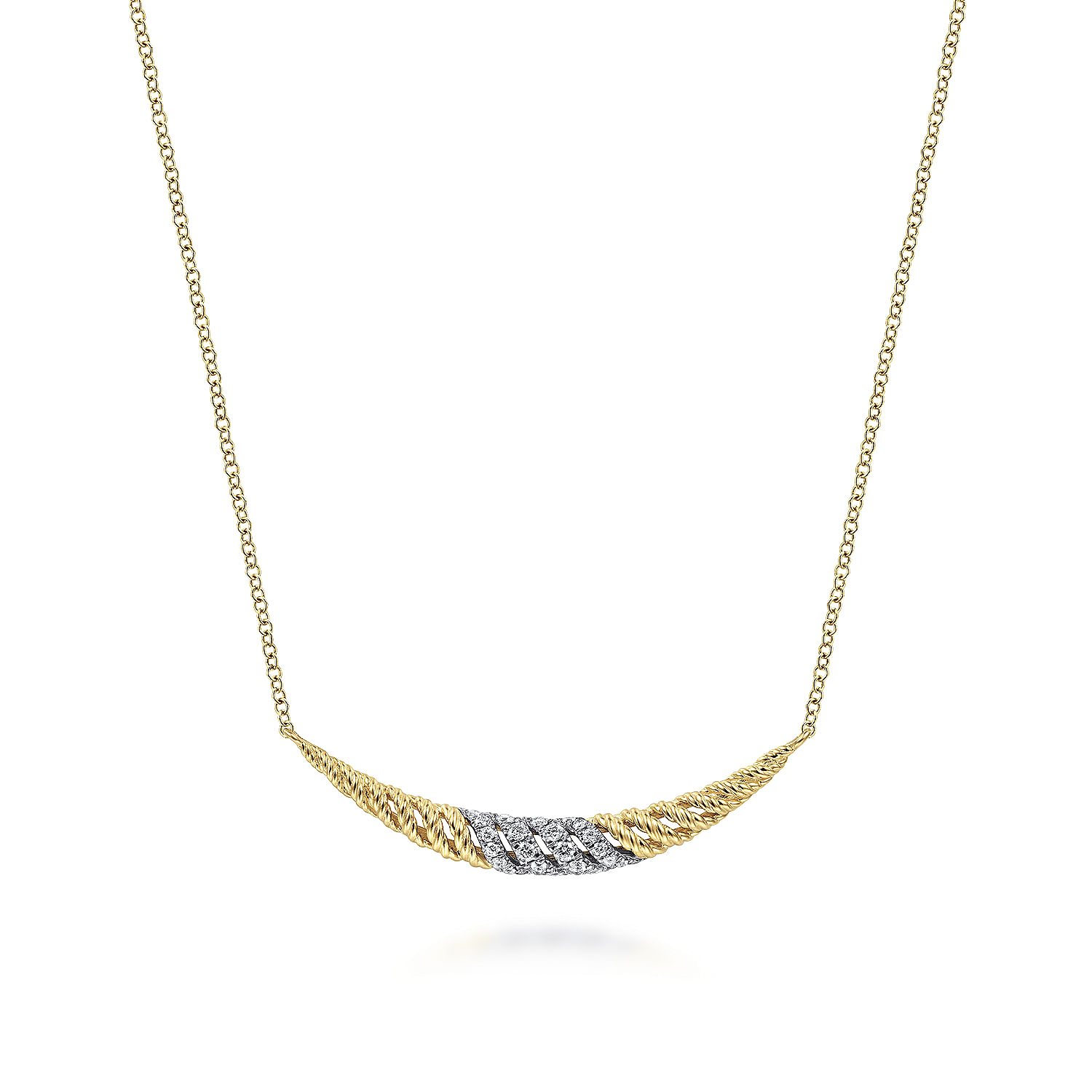 14K Yellow-White Gold Twisted Rope and Diamond Pavé Curved Bar Necklace
