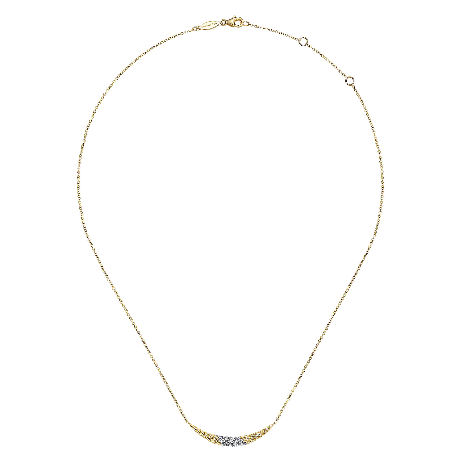 14K Yellow-White Gold Twisted Rope and Diamond Pavé Curved Bar Necklace