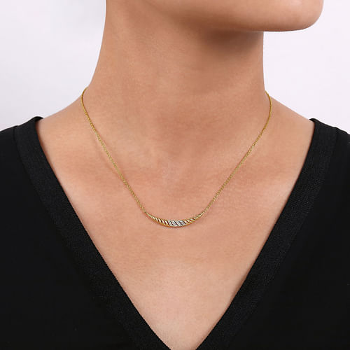 14K Yellow-White Gold Twisted Rope and Diamond Pavé Curved Bar Necklace