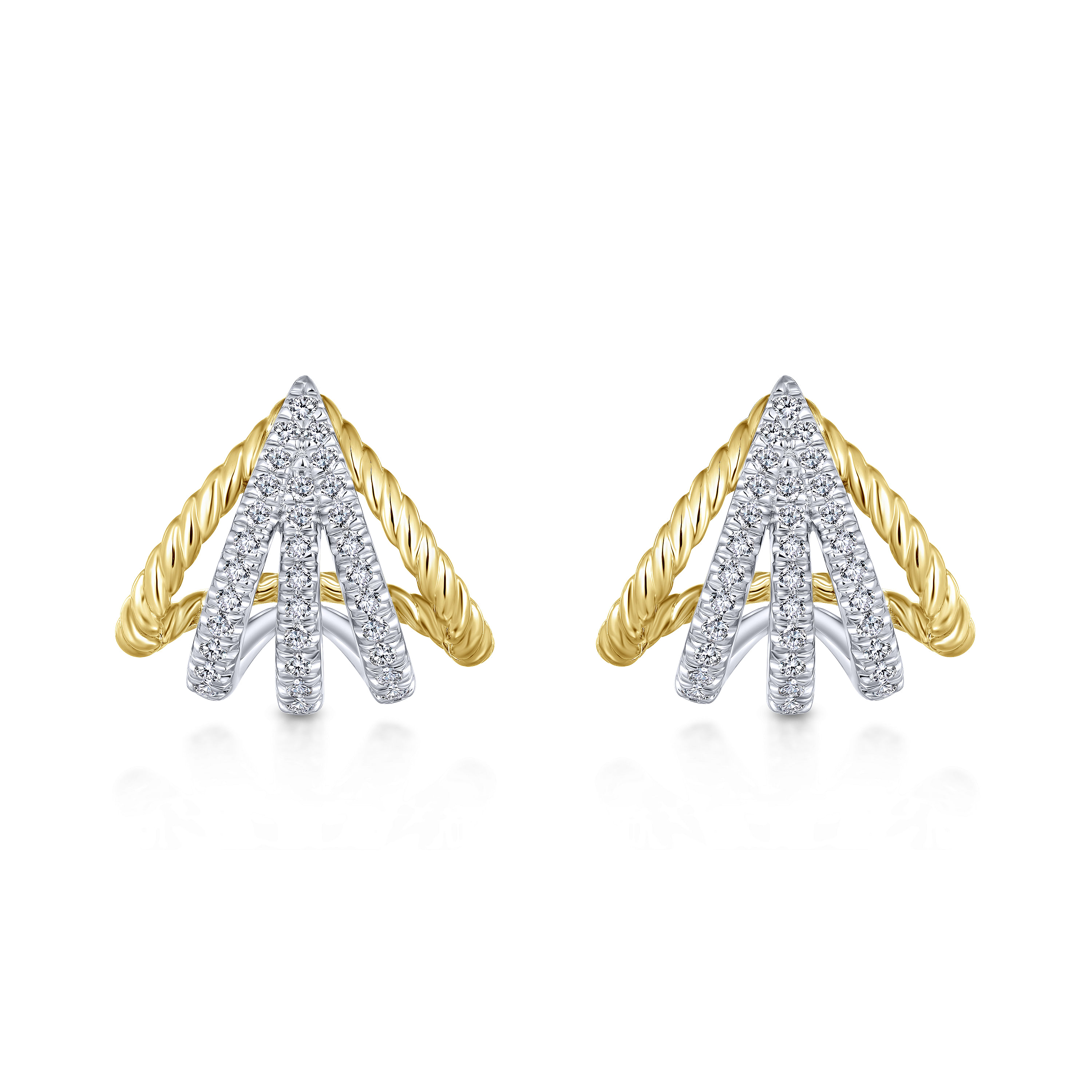 14K Yellow/White Gold Twisted Rope and Diamond Wrap Around Stud Earrings