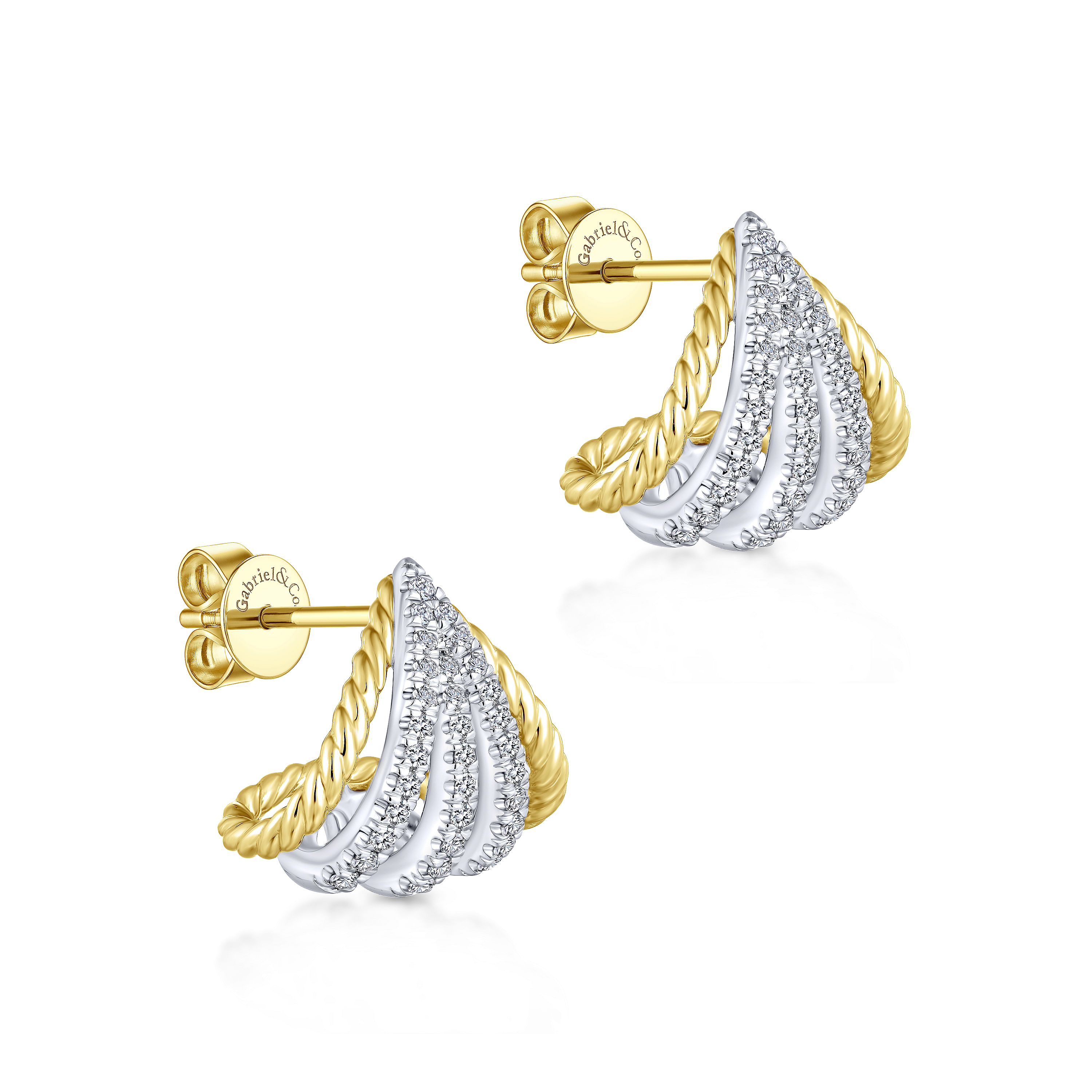 14K Yellow/White Gold Twisted Rope and Diamond Wrap Around Stud Earrings