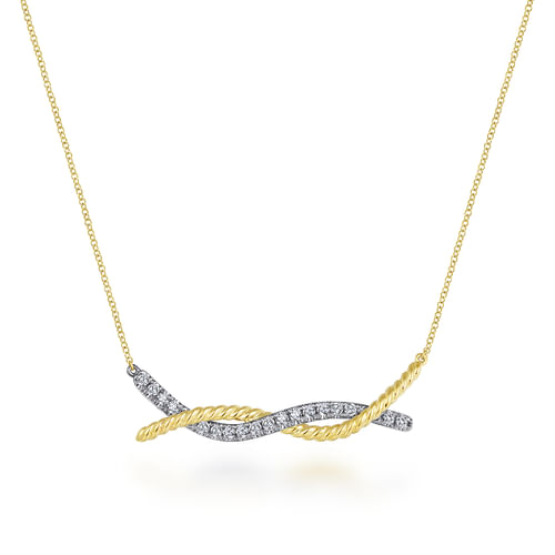14K Yellow-White Gold Twisted Rope and Pavé Diamond Bar Necklace