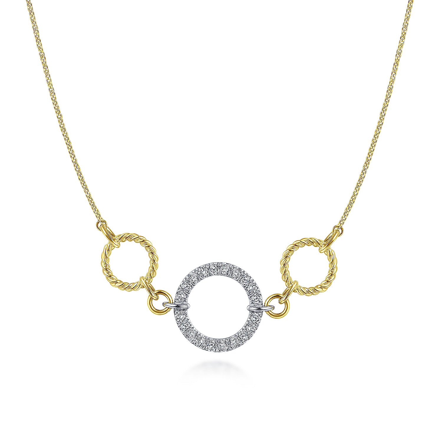 14K Yellow-White Gold Twisted Rope and Pavé Diamond Circle Choker Necklace