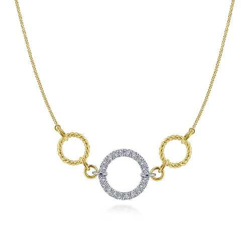 14K Yellow-White Gold Twisted Rope and Pavé Diamond Circle Choker Necklace