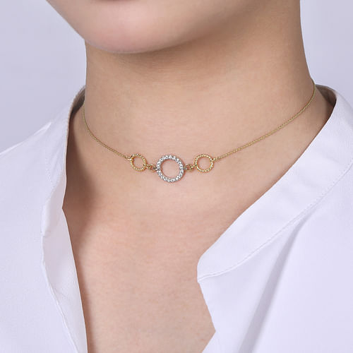 14K Yellow-White Gold Twisted Rope and Pavé Diamond Circle Choker Necklace