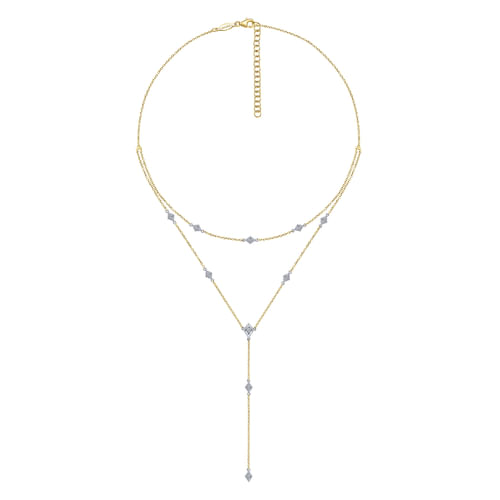 14K Yellow-White Gold Two Strand Diamond Station Y Necklace
