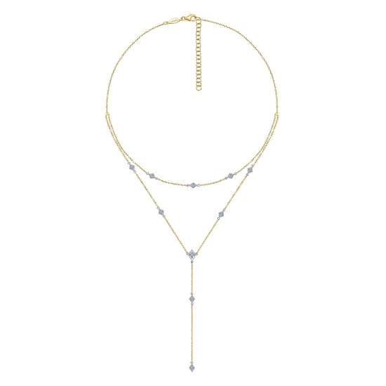 14K Yellow-White Gold Two Strand Diamond Station Y Necklace angle 2