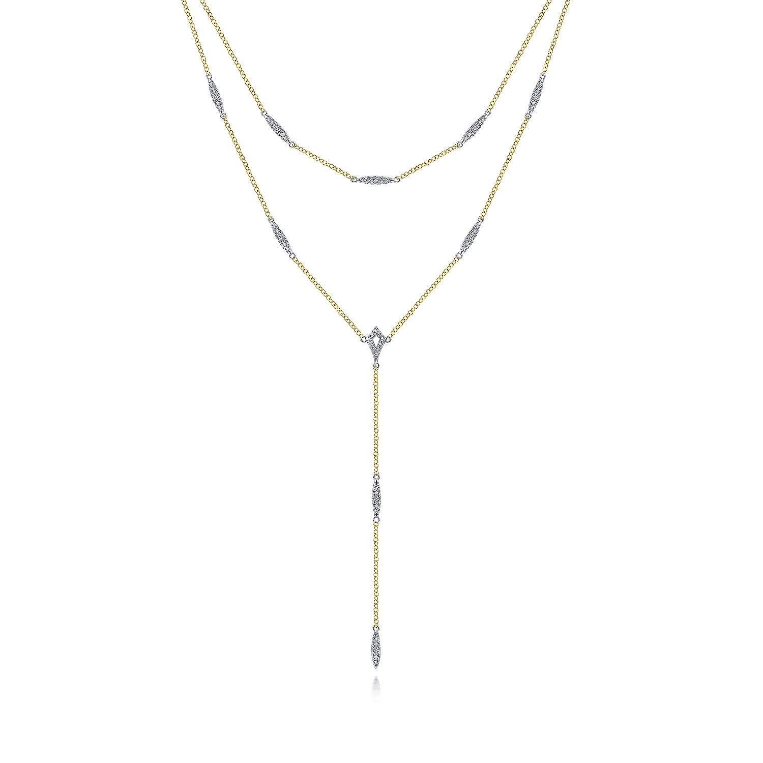 14K Yellow-White Gold Two Strand Diamond Station Y Necklace