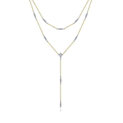 14K Yellow-White Gold Two Strand Diamond Station Y Necklace