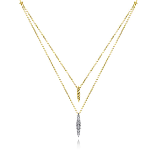 14K Yellow-White Gold Two Strand Necklace with Twisted Rope and Pavé Diamond Spike