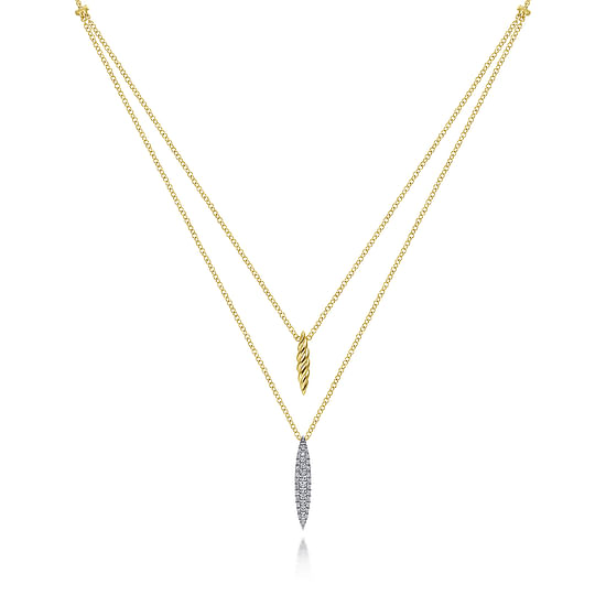 Gabriel - 14K Yellow-White Gold Two Strand Necklace with Twisted Rope and Pavé Diamond Spike