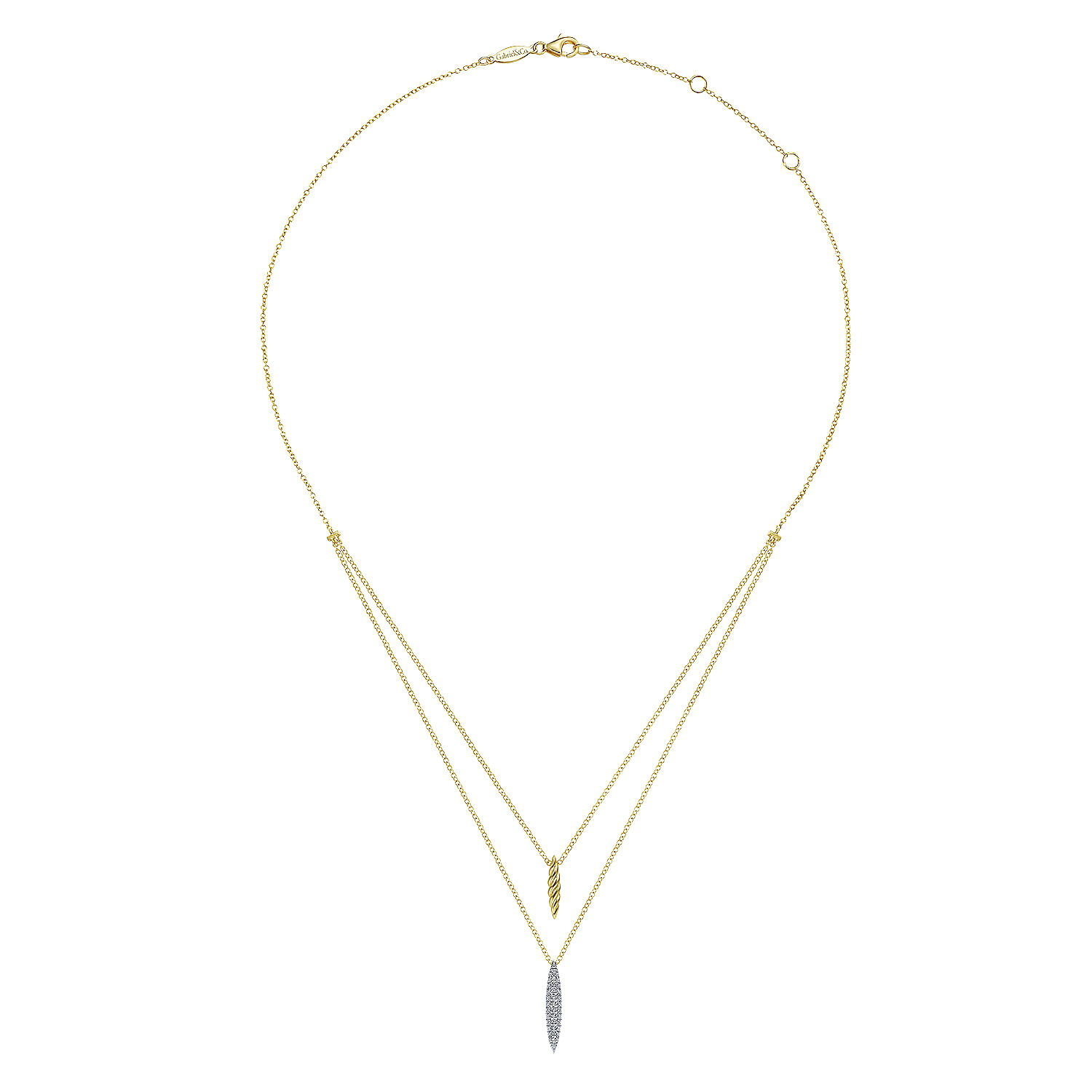 14K Yellow-White Gold Two Strand Necklace with Twisted Rope and Pavé Diamond Spike