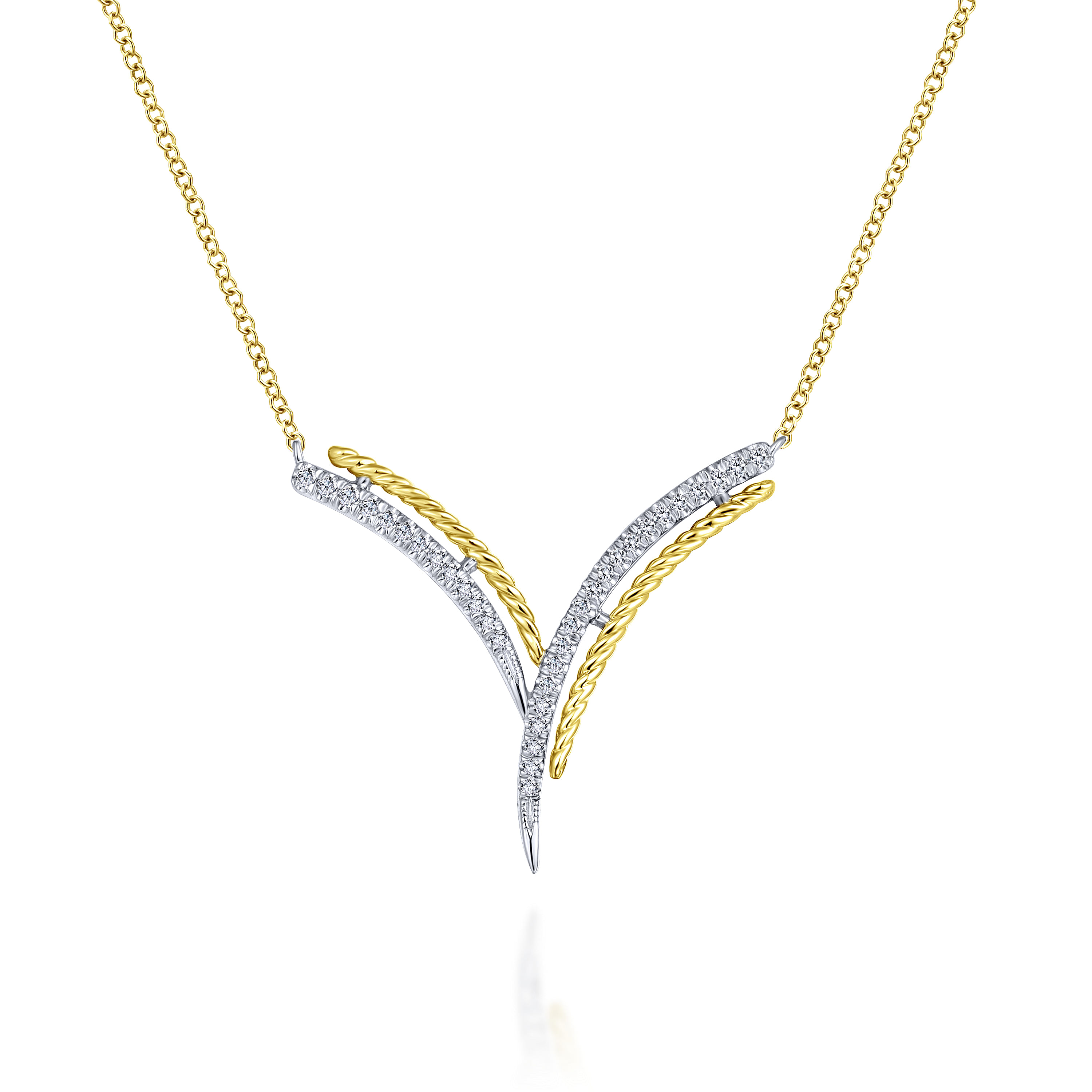 14K Yellow/White Gold V Shaped Diamond Bar Pendant Necklace