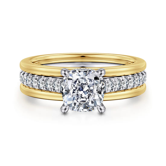 Gabriel - 14K Yellow-White Gold Wide Band Cushion Cut Diamond Engagement Ring Gabriel - 14K Yellow-White Gold Wide Band Cushion Cut Diamond Engagement Ring