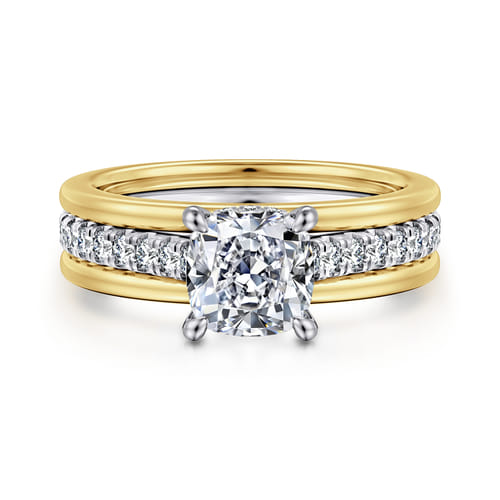 14K Yellow-White Gold Wide Band Cushion Cut Diamond Engagement Ring 14K Yellow-White Gold Wide Band Cushion Cut Diamond Engagement Ring