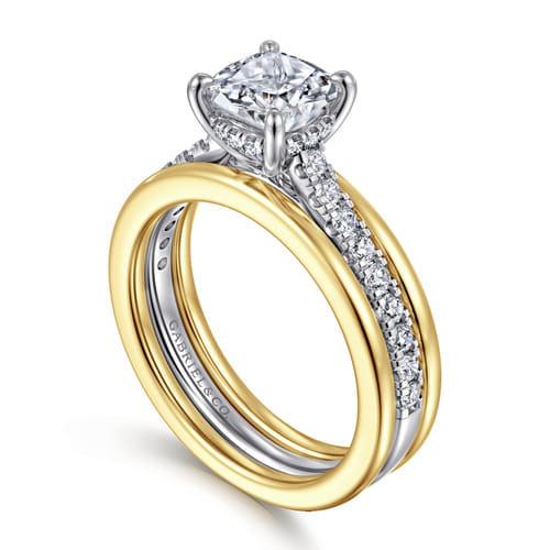 14K Yellow-White Gold Wide Band Cushion Cut Diamond Engagement Ring 14K Yellow-White Gold Wide Band Cushion Cut Diamond Engagement Ring