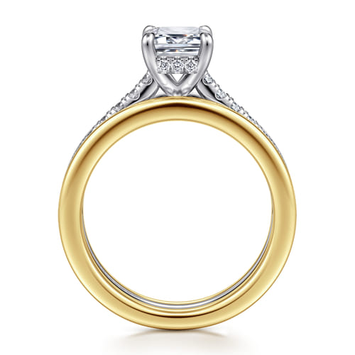 14K Yellow-White Gold Wide Band Emerald Cut Diamond Engagement Ring