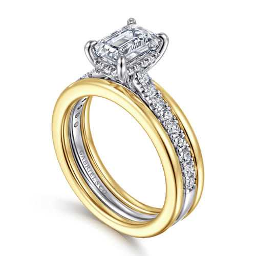 14K Yellow-White Gold Wide Band Emerald Cut Diamond Engagement Ring