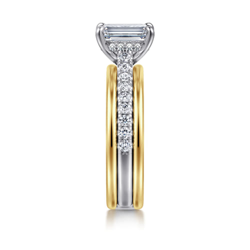 14K Yellow-White Gold Wide Band Emerald Cut Diamond Engagement Ring