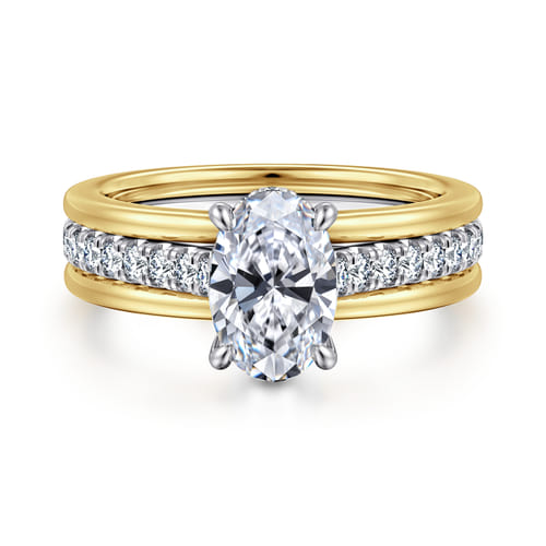 14K Yellow-White Gold Wide Band Oval Diamond Engagement Ring