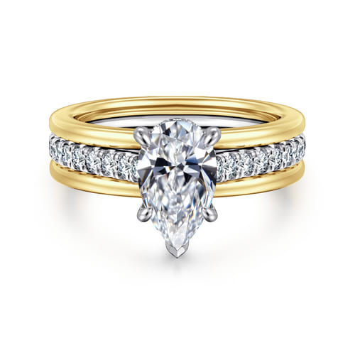 14K Yellow-White Gold Wide Band Pear Shape Diamond Engagement Ring