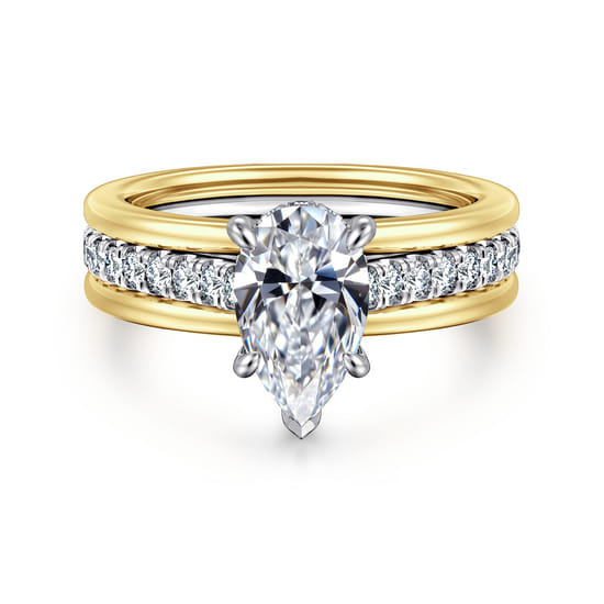 Gabriel - 14K Yellow-White Gold Wide Band Pear Shape Diamond Engagement Ring Gabriel - 14K Yellow-White Gold Wide Band Pear Shape Diamond Engagement Ring