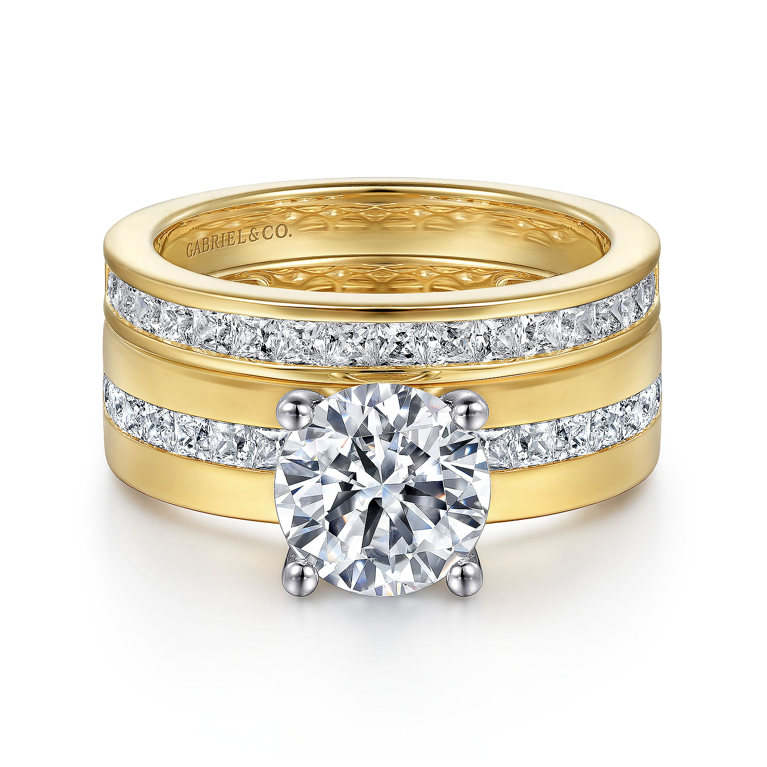 14K Yellow-White Gold Wide Band Round Diamond Engagement Ring