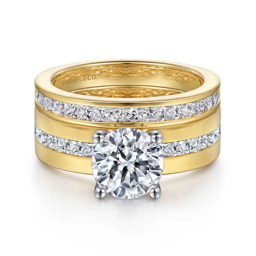 14K Yellow-White Gold Wide Band Round Diamond Engagement Ring