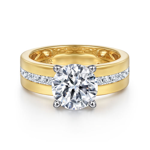14K Yellow-White Gold Wide Band Round Diamond Engagement Ring