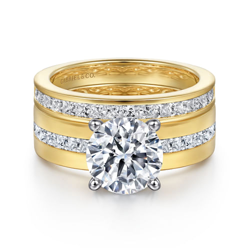 14K Yellow-White Gold Wide Band Round Diamond Engagement Ring