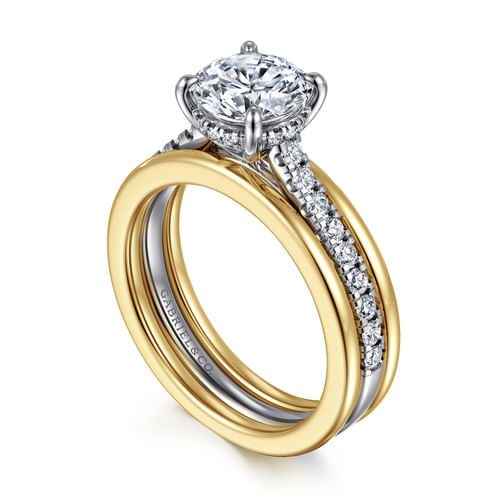 14K Yellow-White Gold Wide Band Round Diamond Engagement Ring