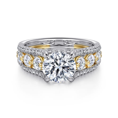 14K Yellow-White Gold Wide Band Round Diamond Engagement Ring