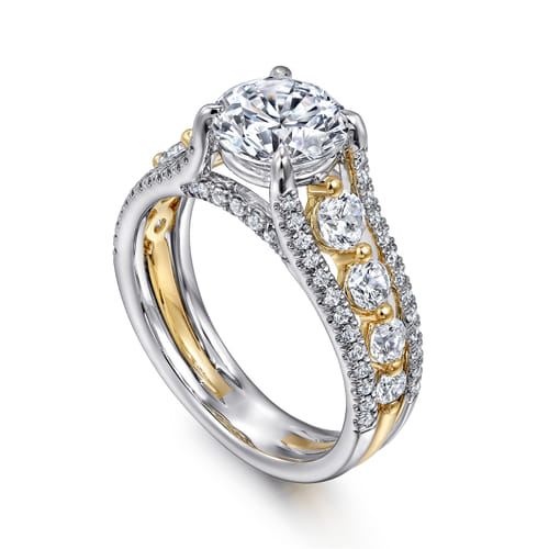 14K Yellow-White Gold Wide Band Round Diamond Engagement Ring