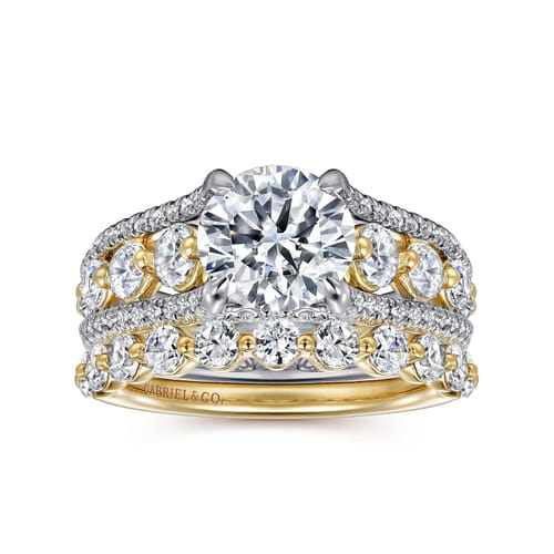 14K Yellow-White Gold Wide Band Round Diamond Engagement Ring