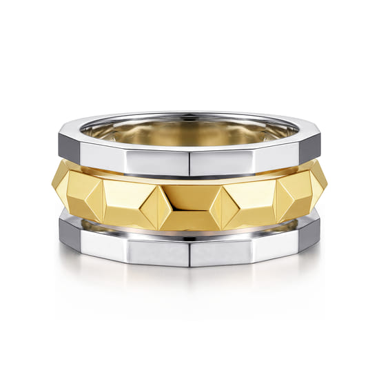 14K Yellow-White Gold Wide Faceted Ring in High Polished Finish