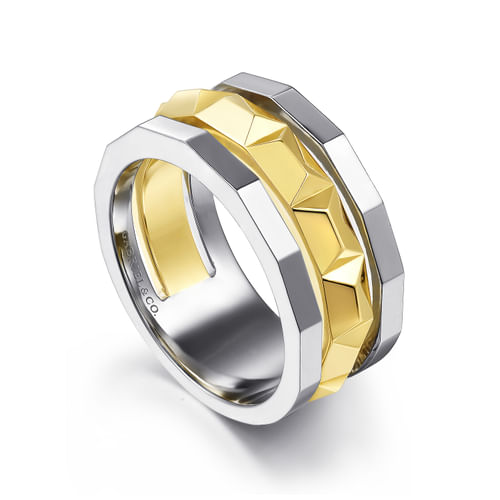 14K Yellow-White Gold Wide Faceted Ring in High Polished Finish
