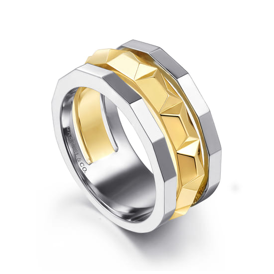 14K Yellow-White Gold Wide Faceted Ring in High Polished Finish angle 3