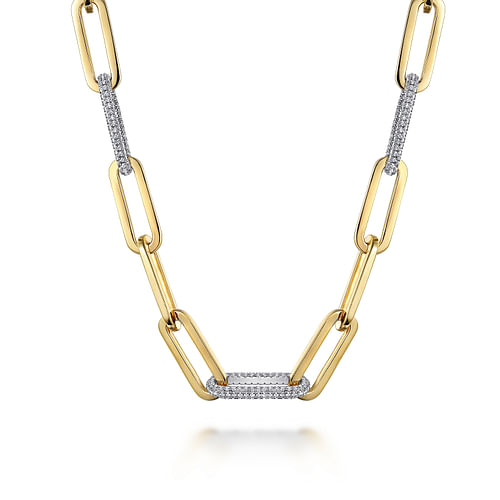 14K Yellow-White Paper Clip Chain Necklace with Diamond Stations