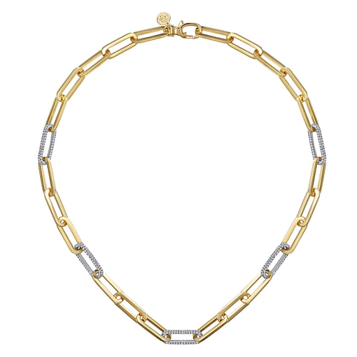 14K Yellow-White Paper Clip Chain Necklace with Diamond Stations