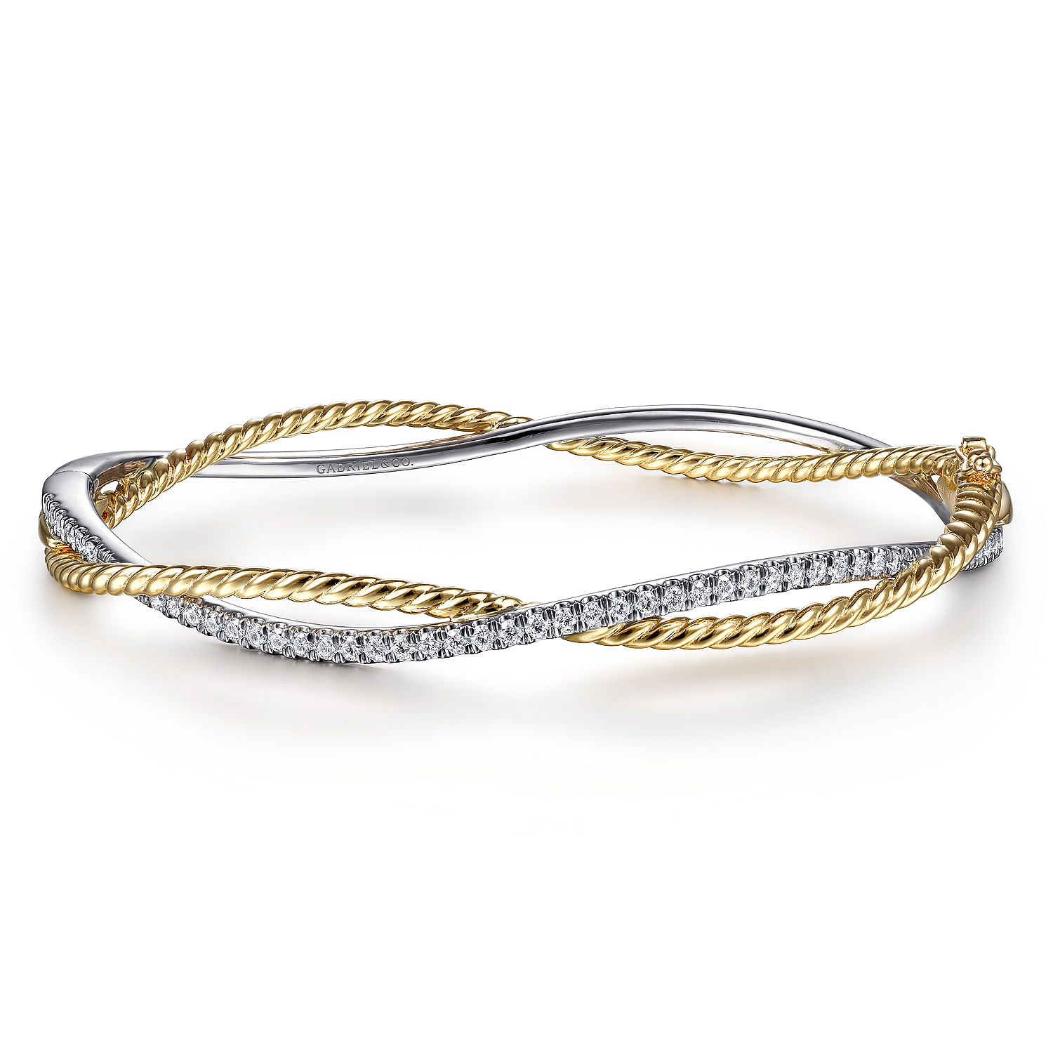 14K Yellow-White Twisted Rope and Diamond Bangle Bracelet
