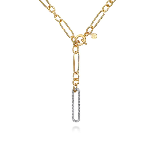 14K Yellow-White Y Chain Necklace with Diamond Drop