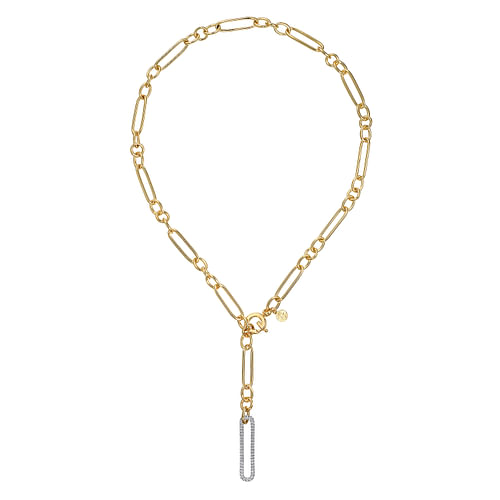 14K Yellow-White Y Chain Necklace with Diamond Drop